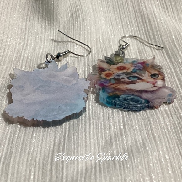 🌸😸Acrylic Hook Drop Beautiful Floral Cat Dangle Drop Earrings - Picture 5 of 10